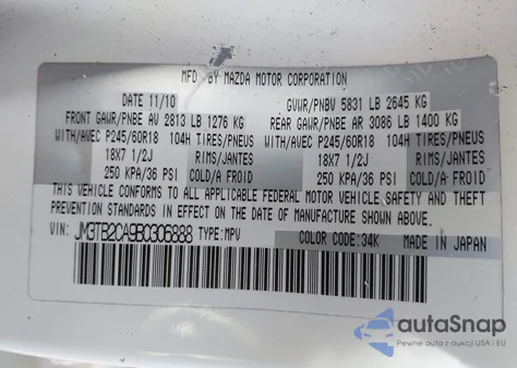 2011 Mazda Cx-9 Touring from USA, damaged, VIN JM3TB2CA9B0306888